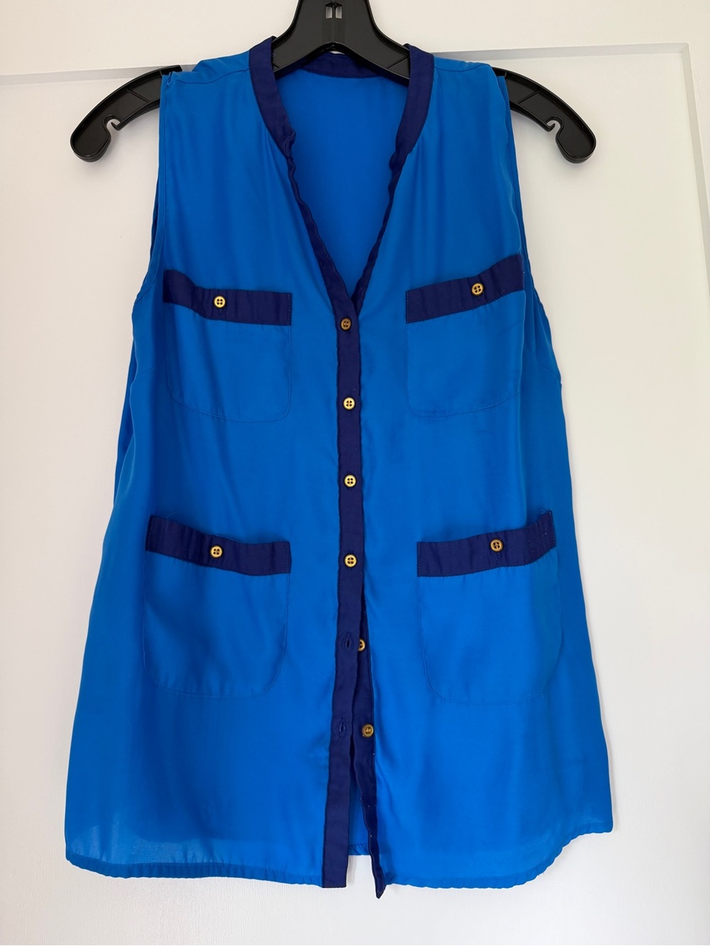Aqua Two-Tone Royal Blue Sleeveless Button-Front Blouse